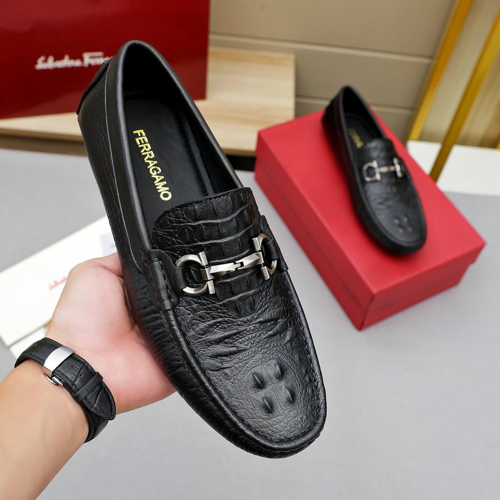 Ferragamo Men's Black Textured Loafers
